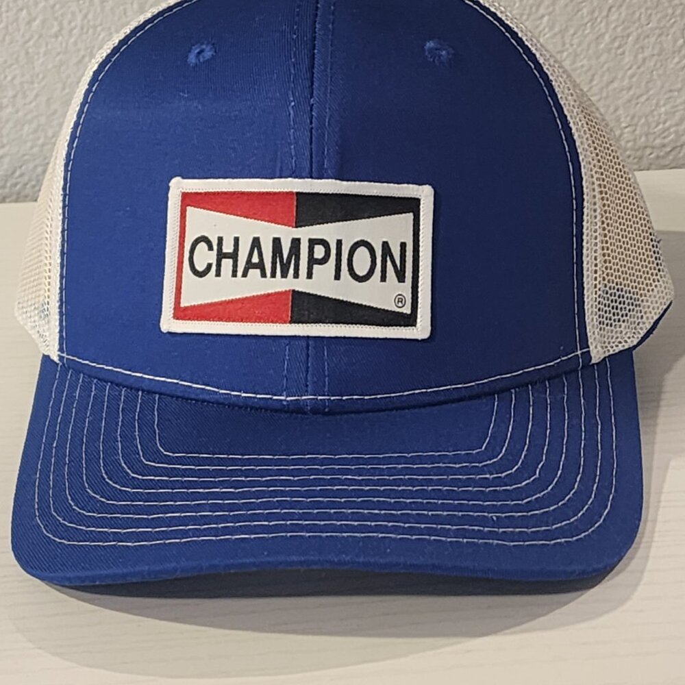 CHAMPION Patched Royal Blue/White Mesh Snapback Trucker Hat